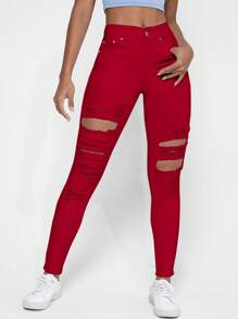 SHEIN Essnce Women's Solid Color Front Button Pocket Ripped Minimalist Casual Denim Pants - Red - View 4