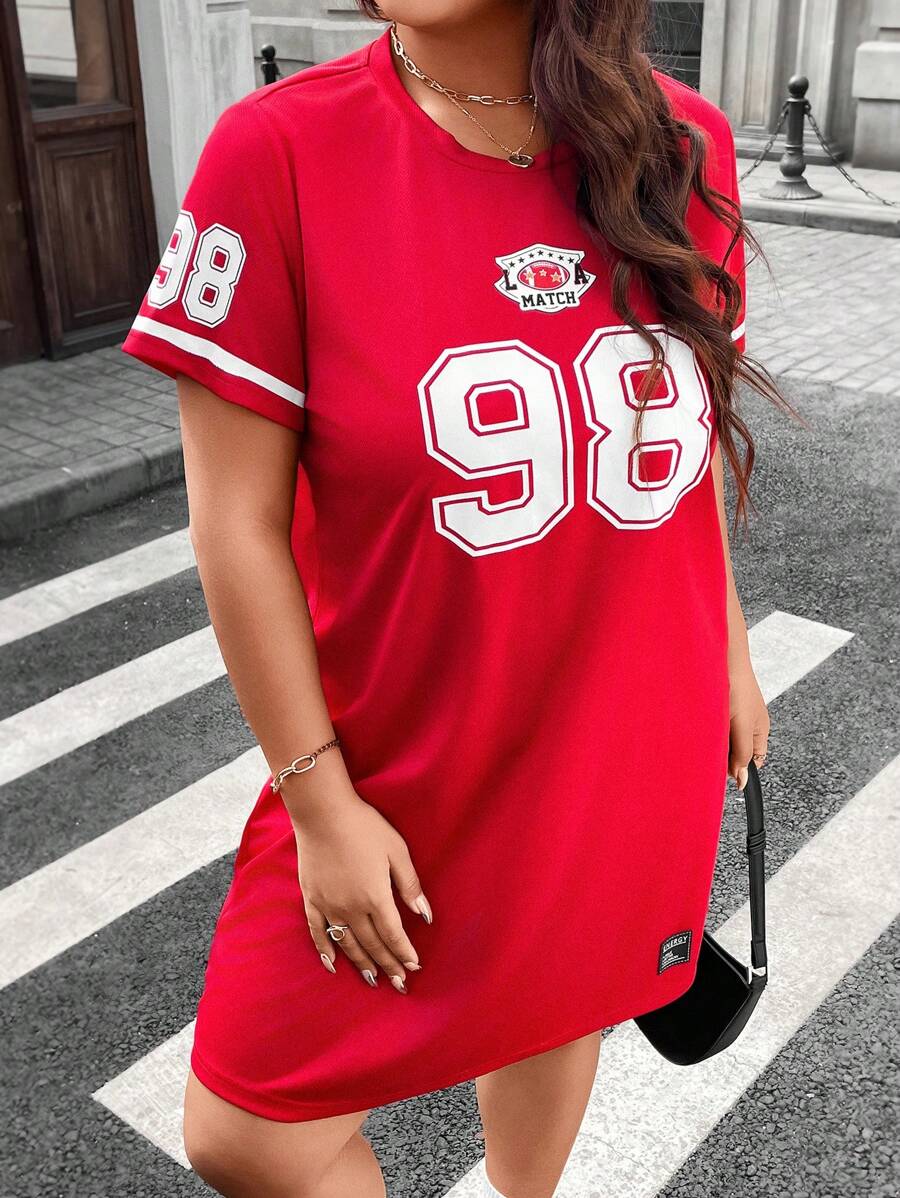 SHEIN LUNE 大码女式针织网眼圆领运动衫连衣裙，女士夏季服装，女士音乐会服装，狂欢服装节日，女士街头服饰夏季波西米亚风复古风女士夏季服装春假狂欢服装节日春假服装 - 紅色 - 查看 1