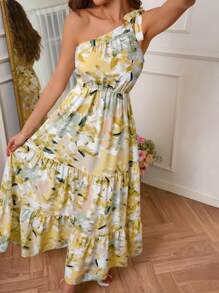 SHEIN VCAY Vestido largo de mujer con cuello de hombro, lazo y estampado romántico para vacaciones de verano, ideal para fiestas, bodas, festivales de música, citas, fiesta con amigos o para la oficina