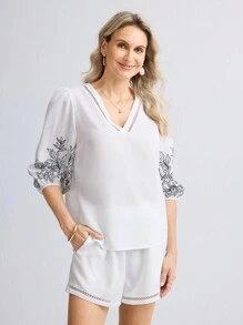 Miaspire 2 sztuki/zestaw Koszula damska z nadrukiem kwiatowym, dekoltem w serek, rękawami typu latarnia i szortami, swobodny strój - Czarne i Białe - Zobacz 5