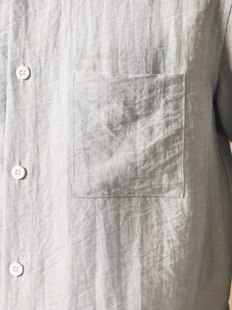 Linen-Look Collared Short Sleeve Button-Down Shirt