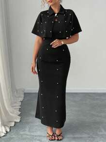 Celure Große Größen 2-teiliges Set: Jacke mit Stickerei-Verzierung in Unifarbe & Enges langes Kleid