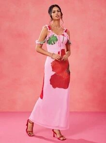 BELANGE HANDMADE Designer Pink Floral Print Frill Trim Ruched Maxi Dress, Romantic Dating Dress, Festival, Concert Outfit Women Formal Prom Dresses For Women Resort Dresses For Women Dresses For Women Prom Dress Women Formal Women Formal Women Formal Prom Dresses For Woman Women Formal, Rave, Pastel, Brunch Outfits, Tea Party Dress Women Maxi Dress Prom Dresses For Ladies