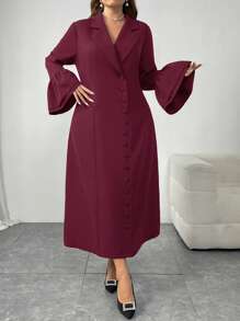 Mulvari Plus Size Long Sleeve Casual Daily Solid Color Dress, Minimalist And Fashionable - Burgundy - View 6