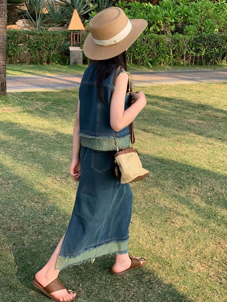 Tween Girls Casual Minimalist Sleeveless Shirt And Denim Skirt 2 Pieces Set, For Everyday Wear,Girls Summer Outfits,Back To School Clothes Vacation