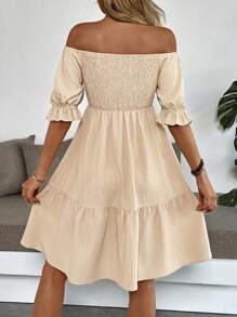 Breezaya Women's Minimalist Off-Shoulder Short Sleeve Dress - Khaki - View 2