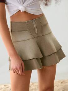 Athîral Damen Denim Rock mit Wellensaum, Western-Cowboy-Stil - Khaki - Übersicht 4