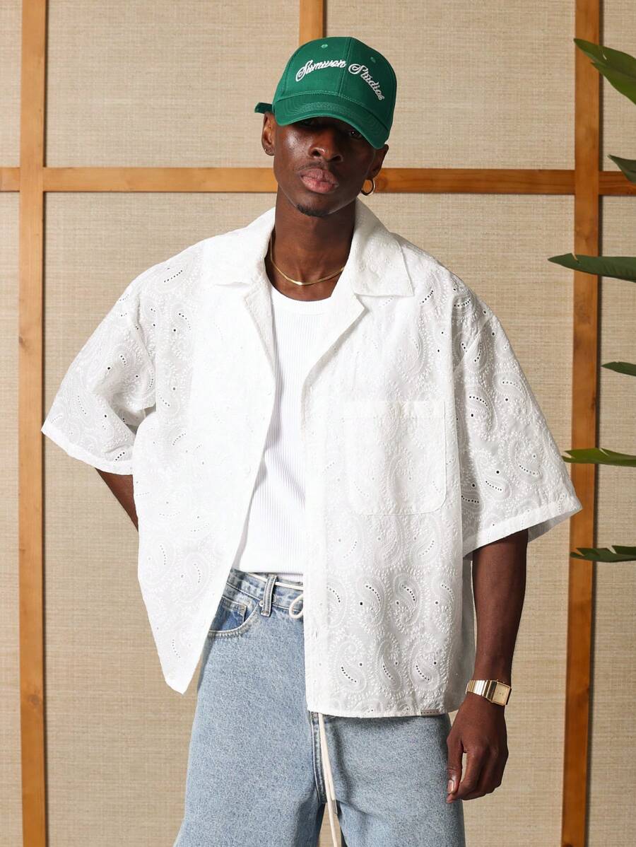 SUMWON Camicia estiva casual con ricamo, stile da resort, da spiaggia, con bottoni, maniche corte, in pizzo traforato, oversize, traspirante, ideale per vacanze