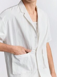 Ontre Men's Plain Front Button Short Sleeve Pocket Casual Shirt - White - View 5