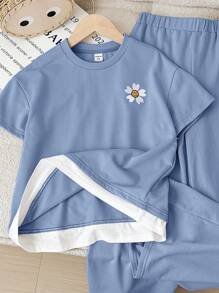 SHEIN Bộ áo len cổ tròn tay ngắn và quần ống đứng cho bé gái tuổi mới lớn - Màu xanh bụi bặm - Xem 3