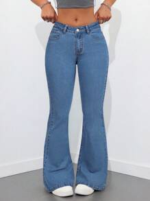 SHEIN Tall High Waist Denim Flared Pants, Minimalist Fashion Casual Daily Wear - Medium Wash - View 7