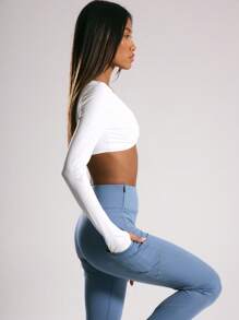 Musera Sport Twist Front Long Sleeve Thumb Hole Activewear Crop Top, Padel, Tennis, Pickleball Gym Fitness Fall  Yoga Pilates Daily Casual - White - View 3