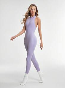 Lifespree Bộ đồ liền thân thể thao màu trơn giản dị, tối giản và thời trang để mặc hàng ngày - Màu tím - Xem 3