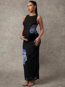 MaterniChic Maternity Bodycon Floral Print Round Neck Sleeveless Casual Dress