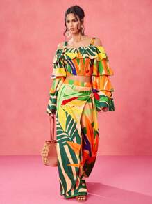 BELANGE HANDMADE Designer Boho Bohemian Position Floral Print Ruffle Tiered Sleeves Off Shoulder Shirred Cute Summer Top, Festival, Tropical,Beach For Women, Concert Elegant Vacation Business Casual Western Wear