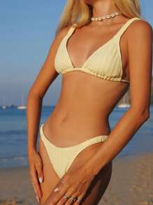 Swim Mod Springbreak Plain Textured Removable Paded Ruched Two Pieces Swimwear For Summer Beach Vacation - Mustard Yellow - View 1