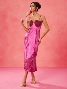 By Lucila Fernandez 设计师女士优雅花卉提花缎面撞色心形拼接开衩中长连衣裙，生日派对鸡尾酒会礼服，度假优雅晚礼服，正式舞会礼服，婚礼、狂欢、节日、早午餐服装，茶会礼服，音乐会服装