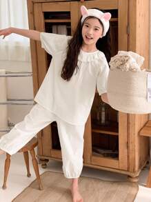 DAZY Tween Girls Solid Color Round Neck Short Sleeve Casual Top And Long Pants Pajama Set,Girls Summer Outfits,Back To School Clothes - White - View 2