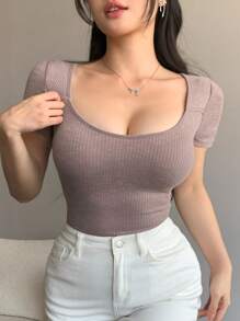 DAZY Camiseta de mujer de manga corta, cuello alto y ajuste ceñido, estilo minimalista apta para el verano, crop top para mujeres