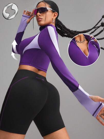 Innovista Women Activewear Color Block Zip-Up, Cropped- Long Sleeve Sports T Shirt, Sweatshirts, Push Up Breathable Gym Top, High Elastic & Dry Fit Workout Outfits, Moister-Wicking, Fitness Top, Edgy & Unique Stylish Tracksuit, Cycle, Bike, Running, Cardio, Strength, Weights, Pilates, Yoga, Mat, Outdoor, Hike, Camping, Trail, Volleyball, Going Out, Athleisure, Base Layer, Buckleball, Music Festival, Party, Jiffy Shirts, Purple, Lavender, Autumn, Valentine Fall New Style Women Utilitarian Chic, Cool Wear Collection
