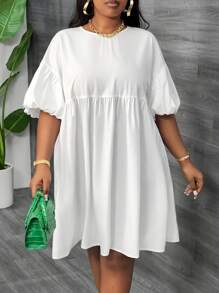 SHEIN CURVE+ 休闲度假圆领半袖灯笼袖 A 字型婴儿连衣裙，白色编织迷你连衣裙，加大码女款 - 白色 - 查看 3