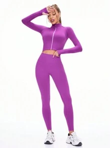 Lifespree Women's Simple Long Sleeve Top And Leggings Seamless Stretchy Yoga Workout Setwomen Workout Set - Purple - View 5