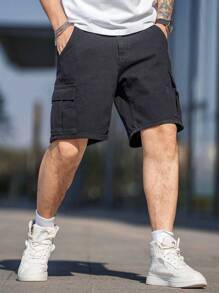 Manfinity Homme Plus Size Casual Plain Cargo Style Denim Shorts For Men - Black - View 4