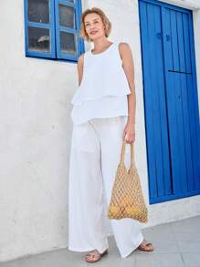 EMERY ROSE Summer Outfits For Women 2pcs Set Sleeveless Solid Color Tank Top And Pants, Simple Fashionable Casual For Daily Wear