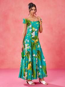 BELANGE HANDMADE Designer Boho Bohemian Multicolor Chiffon Lemon & Green Plant Print Off Shoulder Ruffle Sleeve Corset Bodice Drop Waist Elegant Maxi Sun Dress, Festival, Tropical, Summer, Beach, For Women, Vacation Casual Western Wear, Concert Outfit Resort Spring Maxi Dress Vacation Tropical Elegant Dress Women Evening Gown Prom Dresses Evening Dress Formal Dress Floral Dress Wedding Rave Outfit - Multicolor - View 4