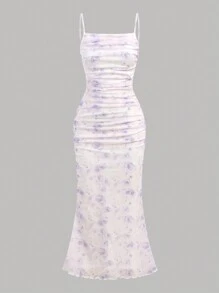 SHEIN Girlism Teen Girls Floral Mesh Ruched Camisole Dress, Casual - Purple - View 5