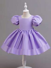 Young Girl Beaded Puff Sleeve Party Dress, Puffy Skirt Birthday Party Wedding Flower Girl Dress, All Seasons