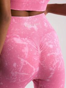 Musera Sport Bleach Wash Seamless Ribbed Leggings, Padel, Tennis, Pickleball Gym Fitness - Pink - View 6