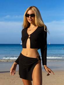 SHEIN Swim Conjunto de top y falda de cobertura de unicolor acanalado, para verano y vacaciones en la playa