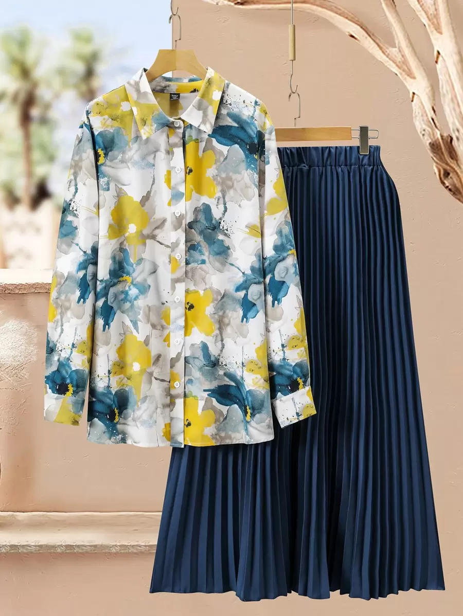 Lacomfia Plus Size Long Sleeve Shirt & Pleated Solid Skirt 2 Pieces Set Fall Cloth For Women - Multicolor - View 1