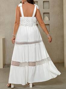 Clasi Vestido blanco de talla grande para mujer con ajuste regular, adornos de encaje y lazo en la parte delantera, ideal para vacaciones de primavera/verano, San Patricio, festivales, primavera y estilo bohemio - Blanco - Ver 2