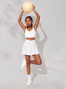 SHEIN Tween Girl Knit Solid Color With Leggings Pleated Skirt Sports Outfit