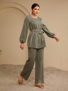 Graceveil 2 件套女士休闲纯色宽松上衣和阔腿裤套装 - 軍綠色 - 查看 4