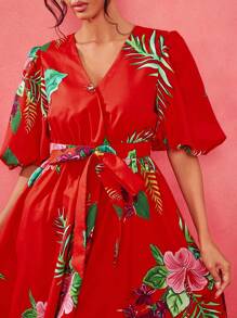 EBIB 设计师波西米亚风波西米亚红色热带印花泡泡袖深 V 腰系带中长连衣裙、节日、音乐会服装、狂欢、舞会礼服