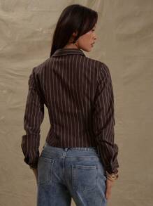 MUSERA Tailored Button Through Pinstripe Fitted Long Sleeve Shirt Business Casual Vacation Casual Butter Wouldn't Melt Holiday Fall Back To School Autumn Winter Party, Elegant