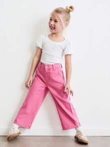 THE HAPPY LOOK Young Girls Loose Fit Embroidered Straight Leg Pink Casual Jeans, Autumn/Winter