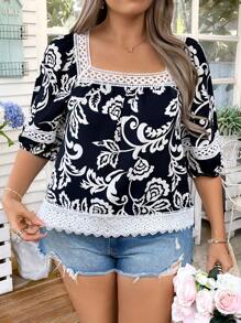 Flirla Plus Size Mulheres Primavera Verão Retro Gola Quadrada Painel de Renda Crochê Manga Flare Blusa Floral Camisa, Verão - Preto - Ver 3