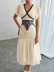 DAZY Women's Lace Patchwork Ruffle Trim Fitted Party Dress With Cap Sleeves Prom Dress,Formal Women Dresses