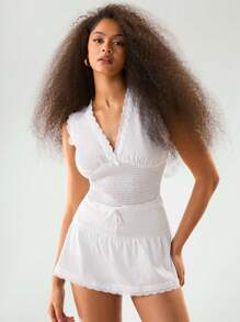 Athîral Western Wear Women's White Waist Tie Contrast Lace Trim Mini Skirt - Cream - View 4