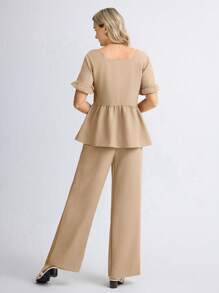 Miaspire 2pcs/Set Women Solid Color Short Sleeve Top And Long Pants Casual Outfit