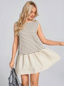 Wildy Summer Baggy Western Boho Women's Sleeveless Round Neck Striped Splice Woven Casual Vacation Mini Dress, Spring/Summer - Multicolor - View 2