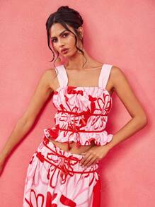 VALERIA GALIPOLI Top corto con detalle de volantes y moño, con estampado floral rosa, de diseñador. Top pastel primaveral para mujeres para festivales, raves y vestidos de playa con estampado floral tropical - Multicolor - Ver 6