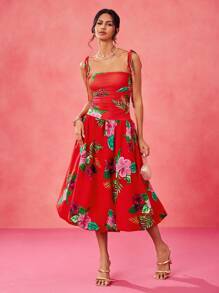 EBIB 设计师波西米亚风红色热带印花隧道褶皱蓬松中长太阳裙，节日，夏季，海滩，女士，音乐会，优雅，度假，商务休闲，西装，音乐会服装，舞会礼服婚礼狂欢服装