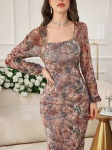 Modelyn Women's Long Tie-Dye Floral Print Bodycon Dress, Elegant And Charming, Spring/Summer