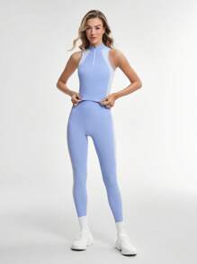 Lifespree Women Solid Color Splice Simple Fitted Seamless High Elastic Yoga Set