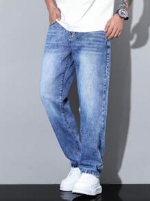 Manfinity Homme Jeans casuales de corte recto con bolsillo y ajuste holgado minimalista para hombres